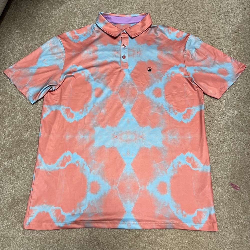 Flomotion Shirt Mens Large blue orange abstract Performance Golf Polo breathable
